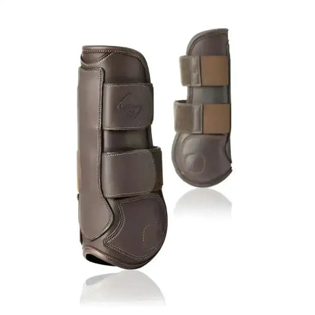 Brown leather lemieux capella tendon boots with adjustable velcro straps offer cutting edge protection for horses