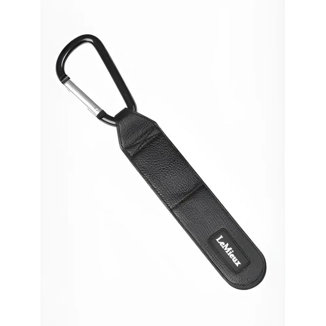 Black leather lemieux carabiners black keychain with silver clip and lemieux label perfect for tack room use