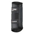 Black carbon fiber-patterned lemieux carbon air xc boots hind leg guard with adjustable straps and lemieux label from back side