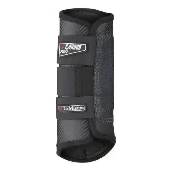 Black carbon fiber-patterned lemieux carbon air xc boots hind leg guard with adjustable straps and lemieux label from back side