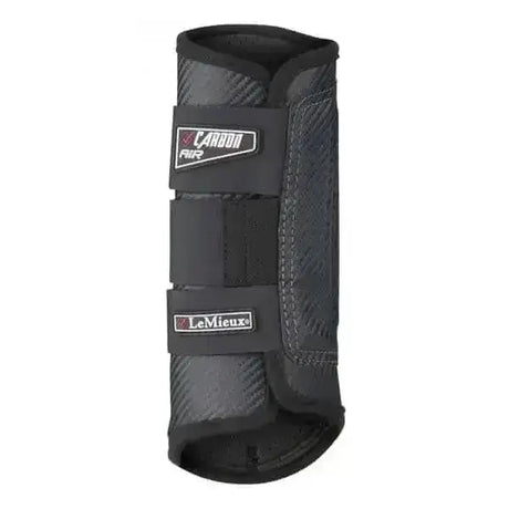 Black carbon fiber-patterned lemieux carbon air xc boots hind leg guard with adjustable straps and lemieux label from back side