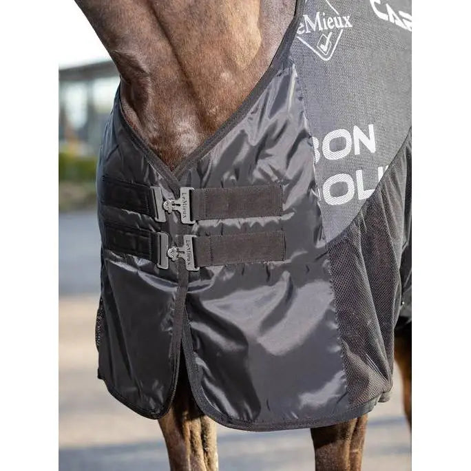 Black lemieux carbon cooler rug with reflective silver buckles mesh panels and nanofibre carbon technology for muscle temperature regulation