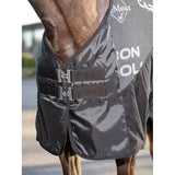 Black lemieux carbon cooler rug with reflective silver buckles mesh panels and nanofibre carbon technology for muscle temperature regulation