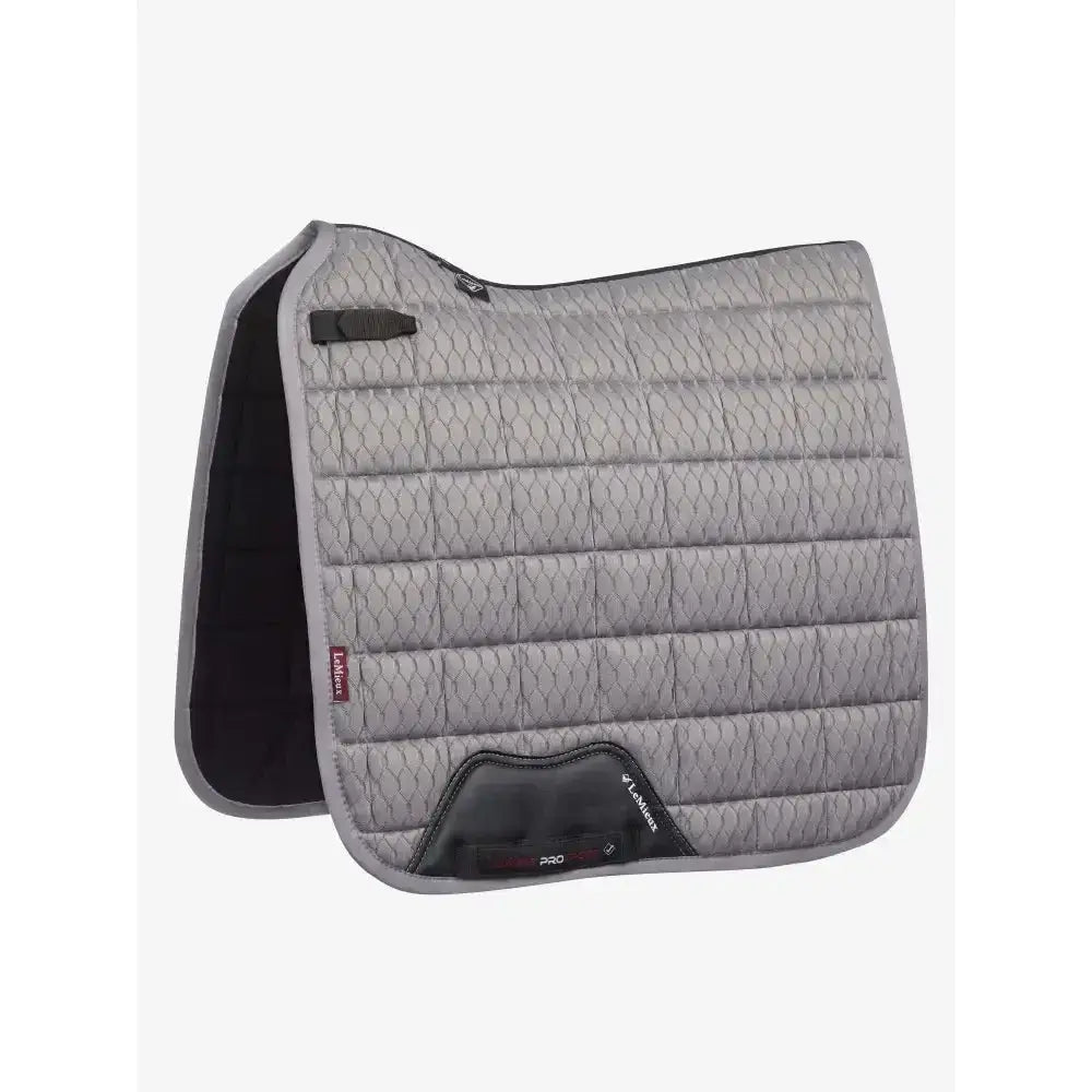 Gray quilted lemieux carbon mesh dressage square with subtle geometric pattern black trim and lambskin pro branding