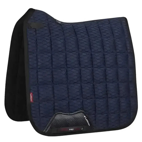 Navy blue lemieux carbon mesh dressage square with quilted texture black trim and pro label for equestrian use