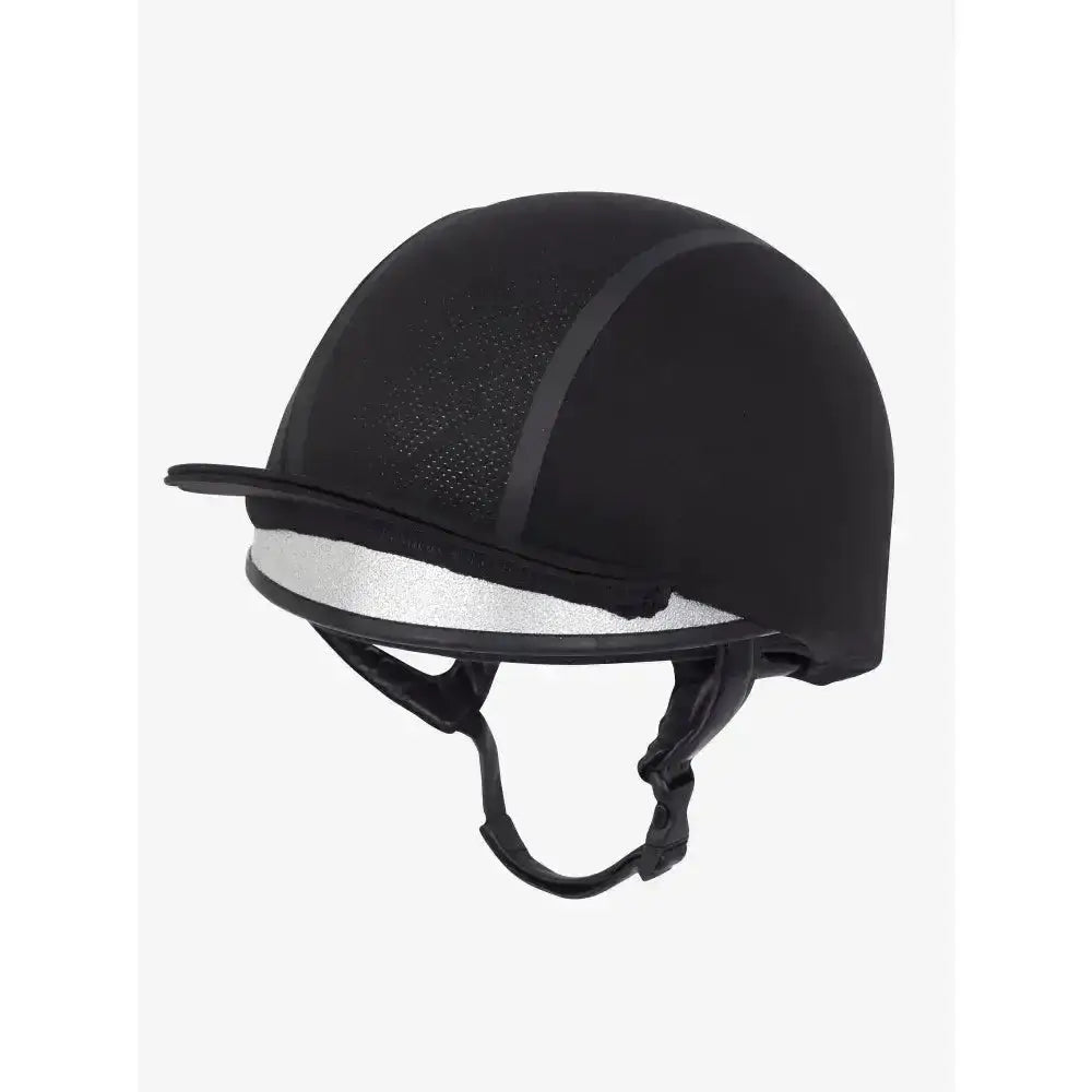 Black lemieux carmine hat silk with silver reflective band and mesh ventilation panel for equestrian use