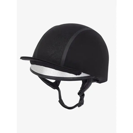 Black lemieux carmine hat silk with silver reflective band and mesh ventilation panel for equestrian use