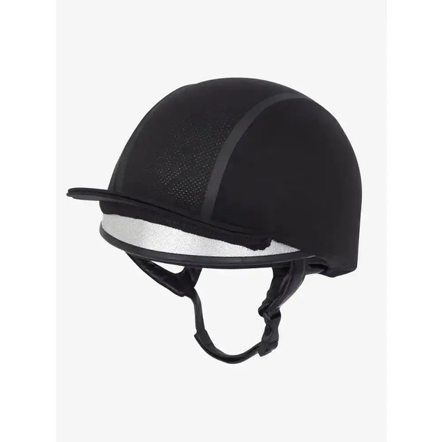 Black lemieux carmine hat silk with silver reflective band and mesh ventilation panel for equestrian use