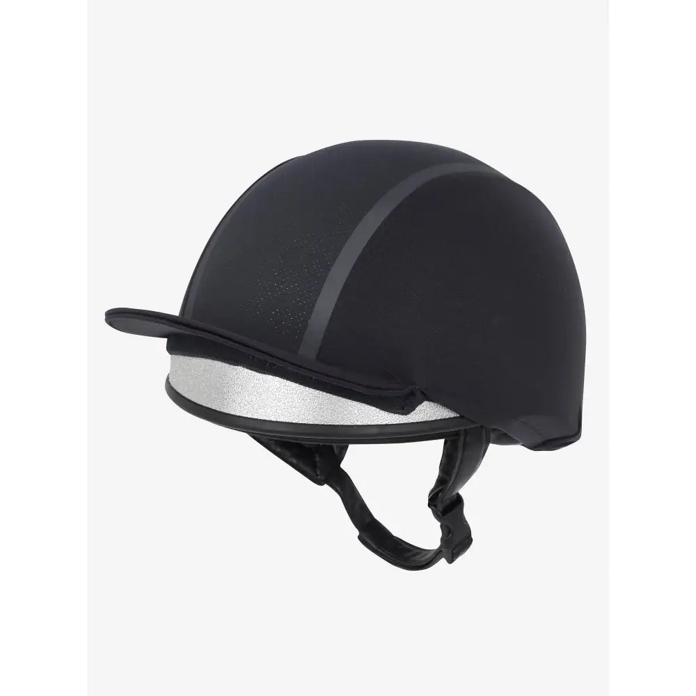 Black equestrian riding helmet with chin strap and Lemieux Carmine Hat Silk Navy design