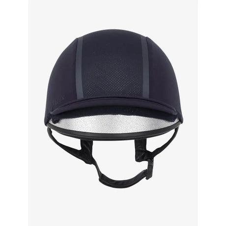 Equestrian riding helmet with black shell and chin straps for Lemieux Carmine Hat Silk Navy