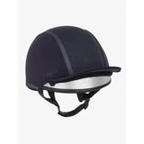 Black lemieux carmine hat silk navy equestrian helmet with silver reflective visor and subtle gray accent stripes