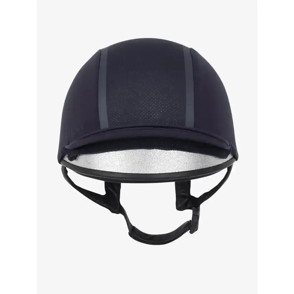 Black lemieux carmine hat silk navy equestrian helmet with shiny silver lining and two gray front stripes