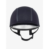 Black lemieux carmine hat silk navy equestrian helmet with shiny silver lining and two gray front stripes