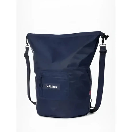 Navy blue lemieux carry waterproof backpack navy with black straps and front pocket for equestrian use