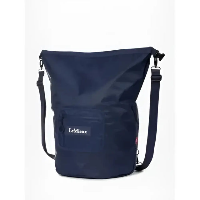 Navy blue lemieux carry waterproof backpack navy with black straps and front pocket for equestrian use