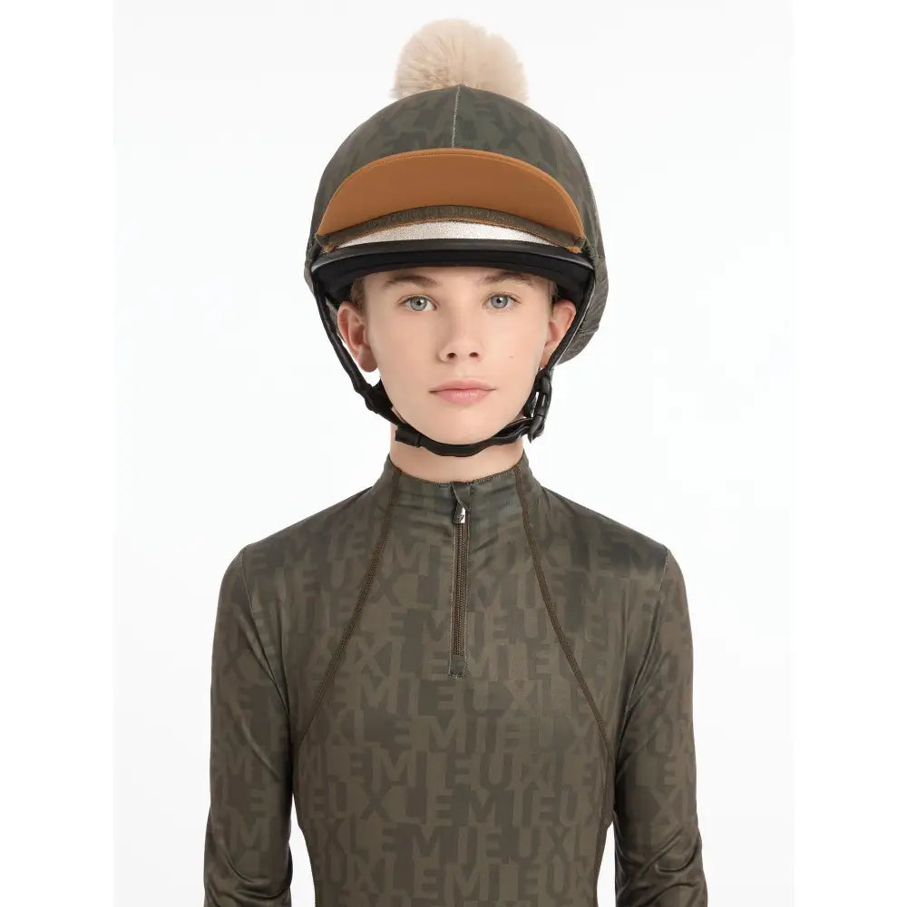 Equestrian Lemieux Casey Hat Silk Alpine featuring tan pom-pom and brown visor