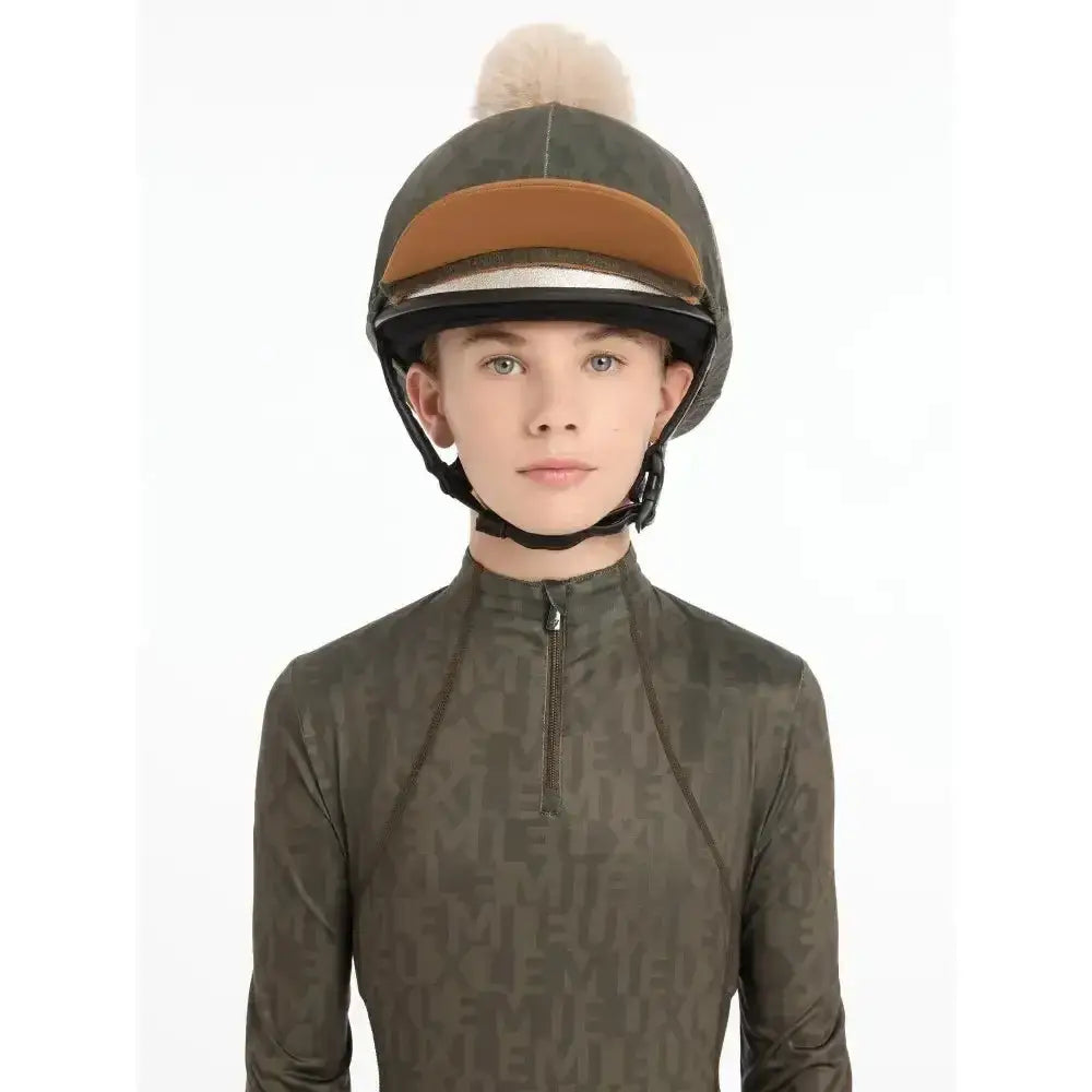 Dark green lemieux casey hat silk alpine with tan white stripe and fluffy beige pom-pom jockey helmet