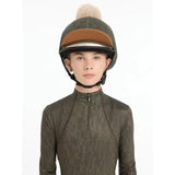 Dark green lemieux casey hat silk alpine with tan white stripe and fluffy beige pom-pom jockey helmet