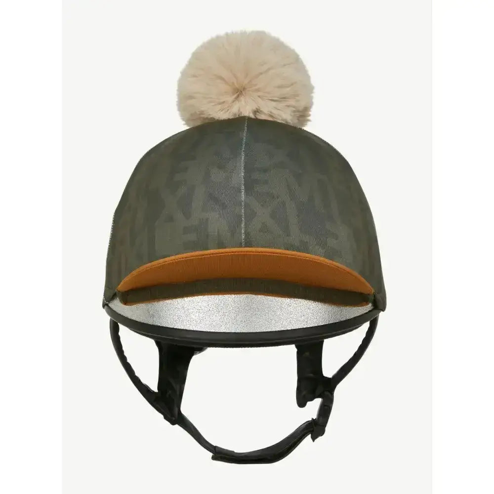 Olive green camouflage lemieux casey hat cover with cream faux fur pom pom and orange trim for hat silk alpine