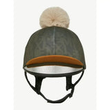 Olive green camouflage lemieux casey hat cover with cream faux fur pom pom and orange trim for hat silk alpine