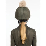 Olive green lemieux casey hat silk alpine with cream faux fur pom pom and tan leather brim equestrian helmet cover