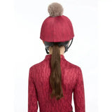 Red suede lemieux casey hat cover with fluffy beige pom pom in hat silk ember for equestrian use