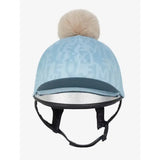 Light blue lemieux casey hat silk glacier with subtle pattern dark teal band and beige pom-pom on top