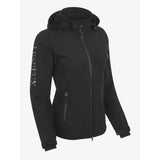 Black tempeux women wearing lemieux celine soft shell jacket black with hood and subtle silver branding on sleeve and zipper pulls
