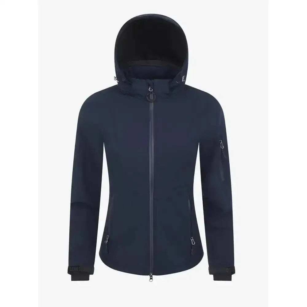 Navy blue lemieux celine soft shell jacket with hood black interior lining and zippered pockets for women