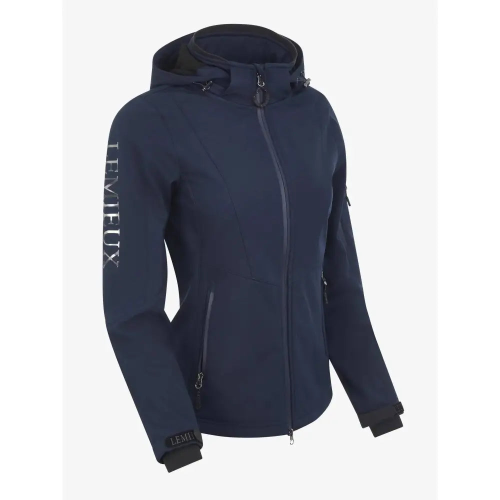 Navy blue lemieux celine soft shell jacket for women with hood black trim and vertical branding on the sleeve
