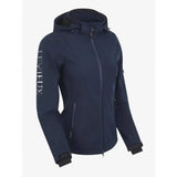 Navy blue lemieux celine soft shell jacket for women with hood black trim and vertical branding on the sleeve