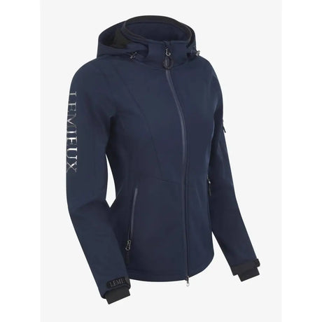 Navy blue lemieux celine soft shell jacket for women with hood black trim and vertical branding on the sleeve