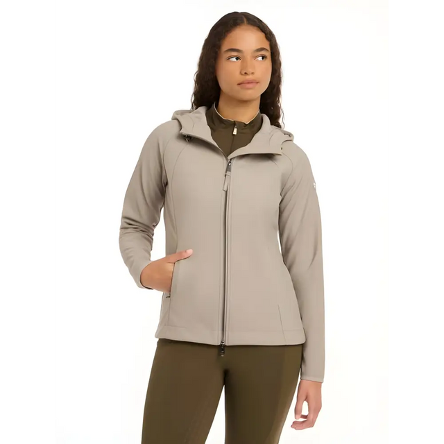 Light gray Lemieux Charlotte Soft Shell Jacket Ash worn by a woman with a hood