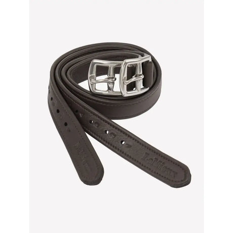 Dark brown leather lemieux childrens stirrup with silver buckle and embossed brand name on strap stirrup leathers brown