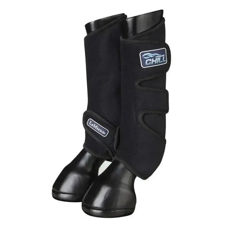 Black lemieux chill tendon boots with close fitting ice boots design and adjustable padded straps for horse legs