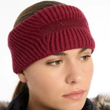 A maroon ribbed knit lemieux clara cable headband with a subtle brand patch perfect for cozy wear