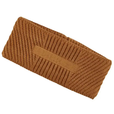 Brown corduroy lemieux clara cable headband with subtle embossed logo patch in cable headband ginger color