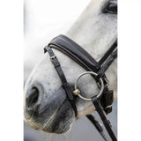 Black leather lemieux classic dressage bridle with silver rings and padded crank noseband for dressage use