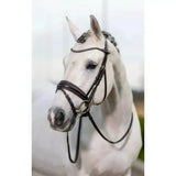 Black leather lemieux classic dressage bridle with silver hardware and statement padded crank noseband