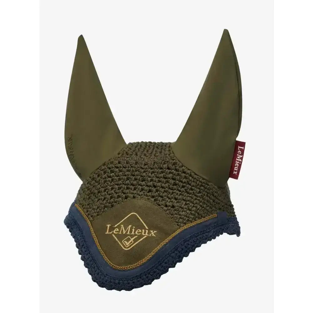 Olive green and navy blue knitted lemieux classic fly hood alpine with gold embroidery perfect for riding horses