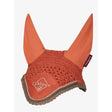 Orange crocheted lemieux classic fly hood apricot with suede accents and lemieux logo for horse ears