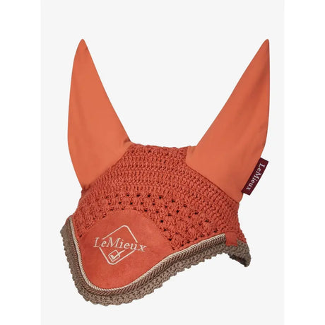 Orange crocheted lemieux classic fly hood apricot with suede accents and lemieux logo for horse ears