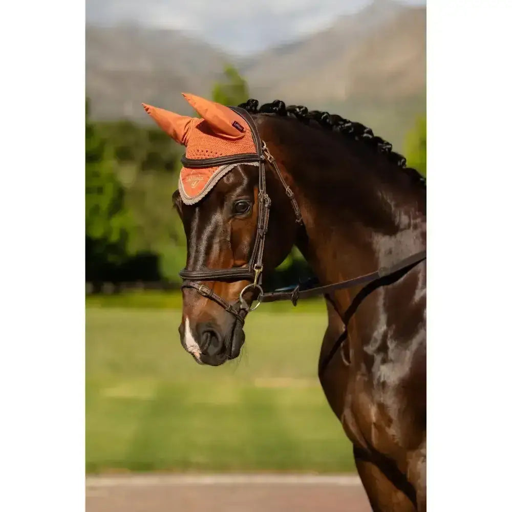Orange mesh lemieux classic fly hood apricot with decorative trim and ear flaps for horse fly protection