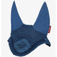 Navy blue lemieux classic fly horse ear bonnet with suede patches and red brand tag for classic fly hood use