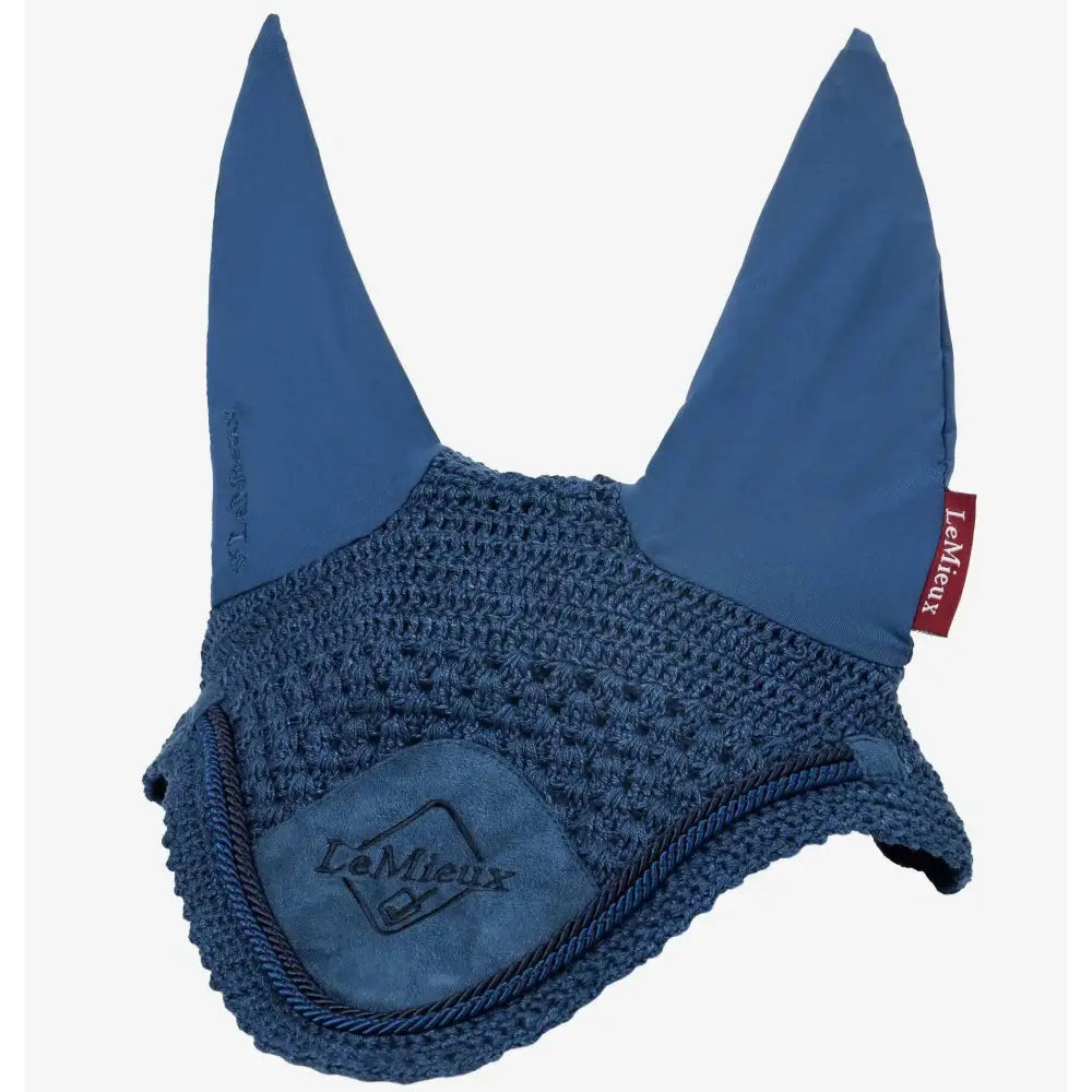 Navy blue lemieux classic fly horse ear bonnet with suede patches and red brand tag for classic fly hood use