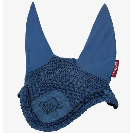Navy blue lemieux classic fly horse ear bonnet with suede patches and red brand tag for classic fly hood use