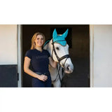 Bright turquoise lemieux classic fly ear cover with subtle logo and cotton face veil for fly hood azure use