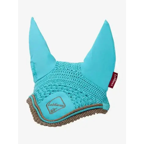 Turquoise lemieux classic fly hood azure with brown rope trim cotton face veil and red brand tag