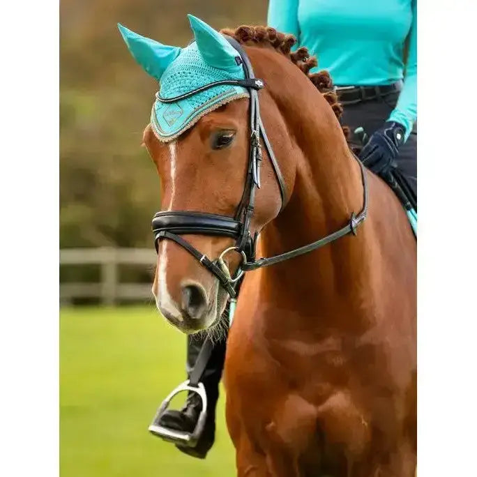Turquoise lemieux classic fly hood azure with decorative trim and cotton face veil for horse ears protection