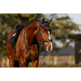Black leather lemieux classic fly hood cinder with braided trim and protective ear covers for horse protection